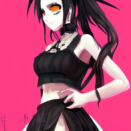 Image similar to goth anime girl in mini skirt and crop top intricate, extremely detailed, digital painting, artstation, concept art, smooth, sharp focus, illustration, intimidating lighting, incredible art,