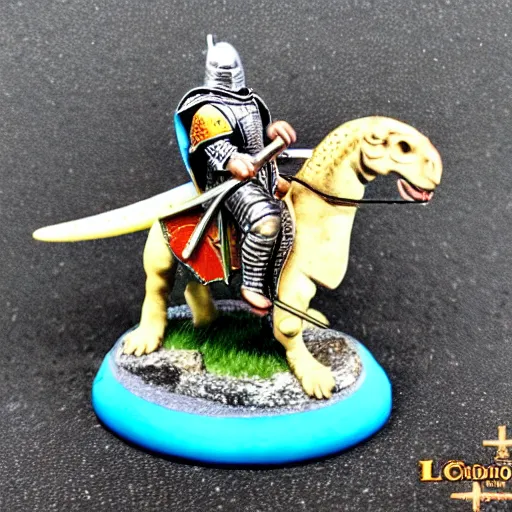 Prompt: D&D, high detail, miniature of medieval knight riding a dinosaur, Lord of the Print, 28mm scale