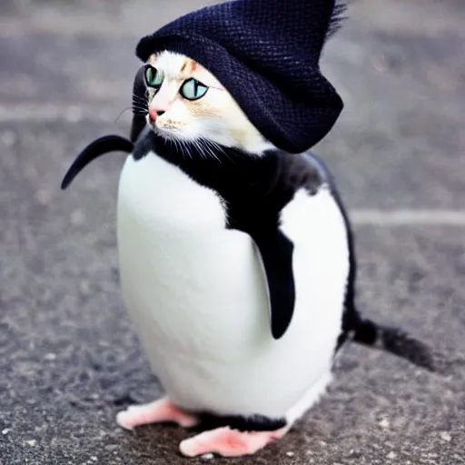 Image similar to a cat with a penguin hat