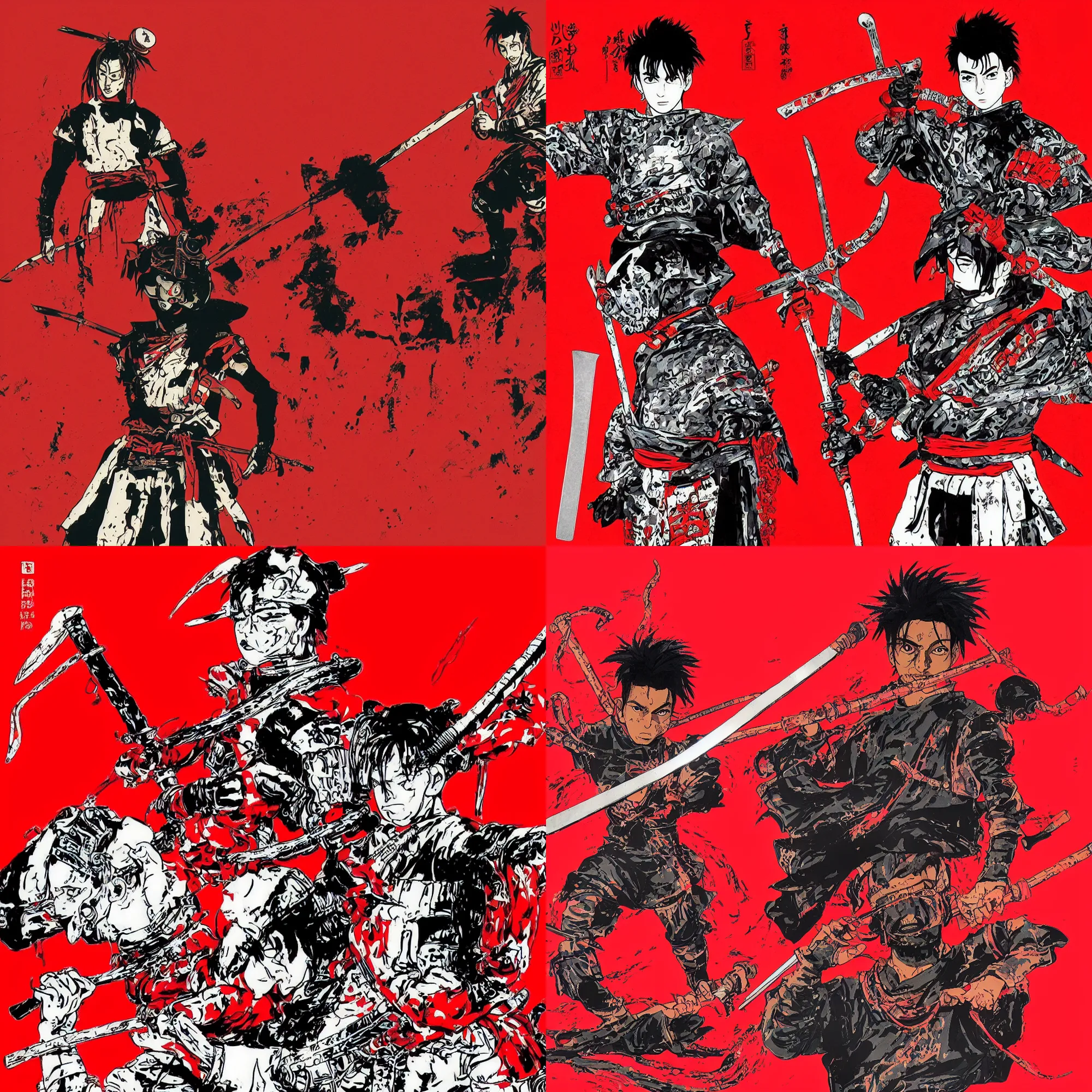 Prompt: album art of Playboi Carti wearing samurai outfit, samurai helmet with a sword posing in front of a red background, in the style of Akira (1988)