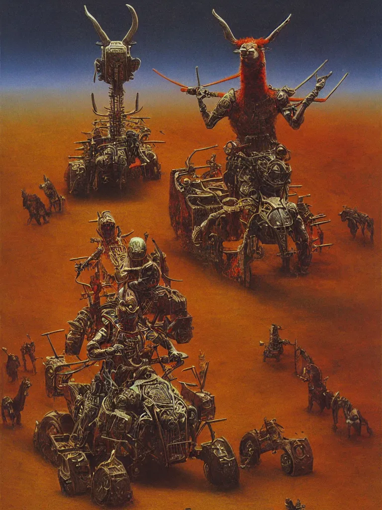 Image similar to epic llama wizard riding futuristic quadbike through the gates of hell, wearing samurai armour, and firing missiles, highly detailed beksinski painting