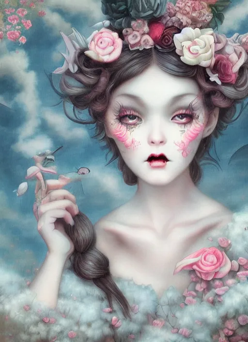 Prompt: pop surrealism, lowbrow art, realistic cute seductive feminine girl painting, japanese street fashion, hyper realism, muted colours, rococo, natalie shau, loreta lux, tom bagshaw, mark ryden, trevor brown style,