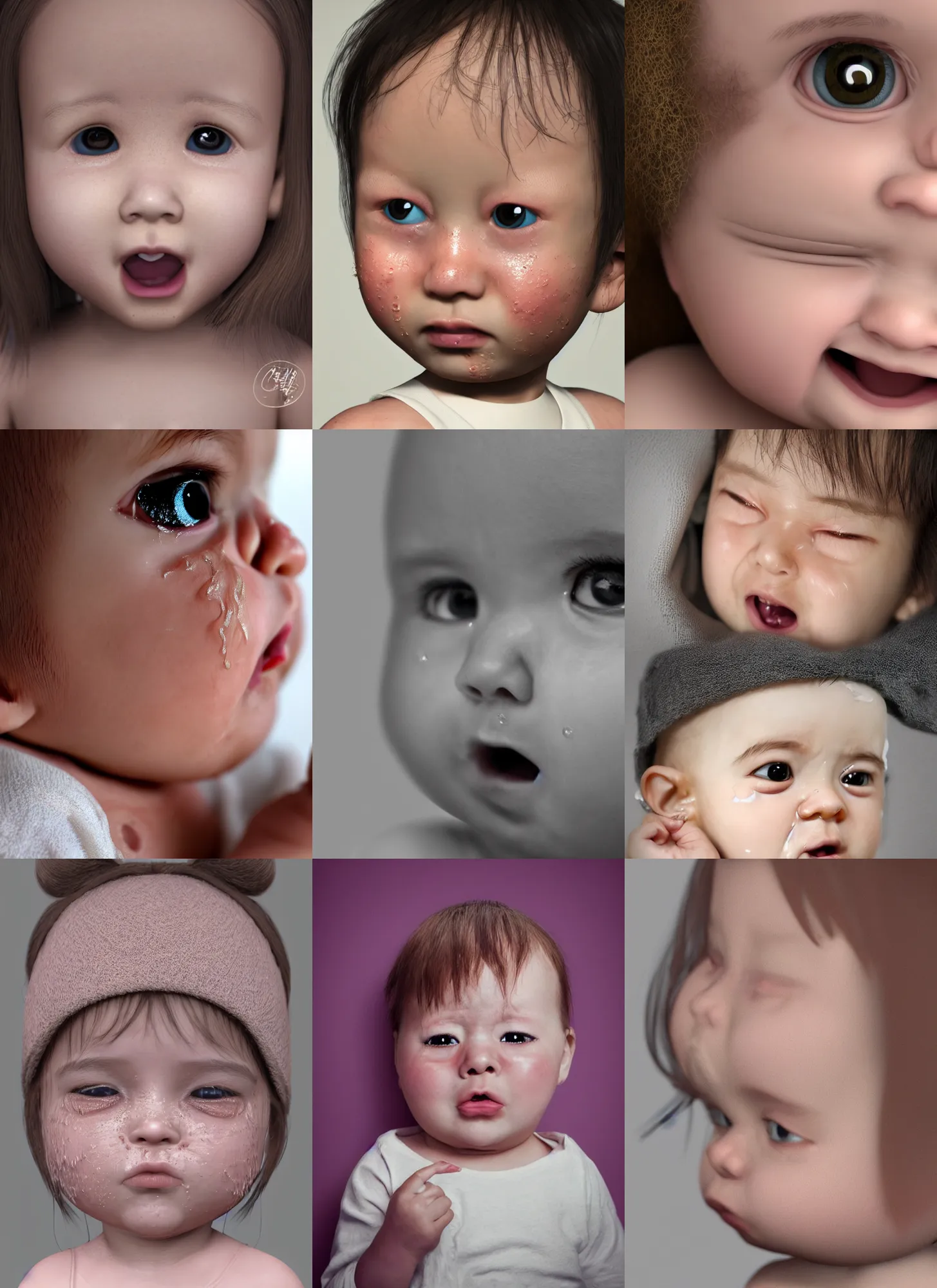 Prompt: portrait of ((cute)) crying baby, photorealistic, single !!tear!!, girl, cry, 35mm, tears drip from the eyes, noticeable tear on the cheek, tear, tear on face, close-up, crying, cry, tear, tear on cheek, Octane render, trending on Artstation, 4k, 8k, perfect face, highly detailed, (beautiful eyes), digital art, big realistic tear, by Steve McCurry, photorealism, high quality