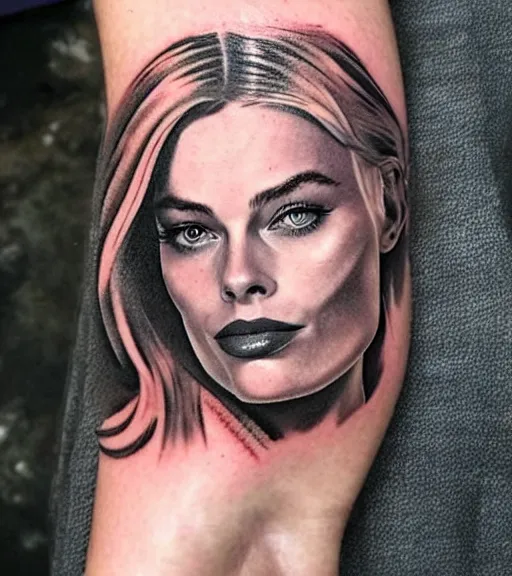 Prompt: tattoo design sketch of margot robbie and beautiful mountain scenery mash up, in the style of arlo dicristina, surrealist, amazing detail, sharp