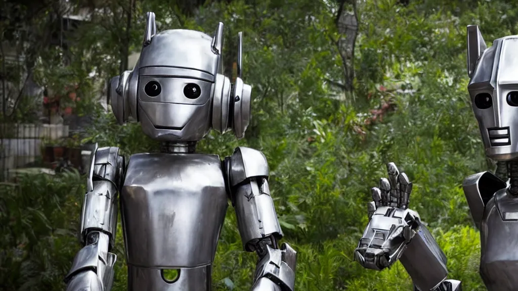 Prompt: film still from the movie chappie of the robot chappie shiny metal outdoor park plants garden scene bokeh depth of field several figures furry anthro anthropomorphic stylized cat ears head android service droid robot machine fursona