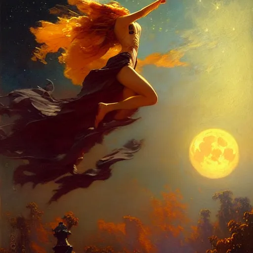 Image similar to attractive witch magically flying trough the night, fantasy, full moon in background. highly detailed painting by gaston bussiere, craig mullins, j. c. leyendecker 8 k