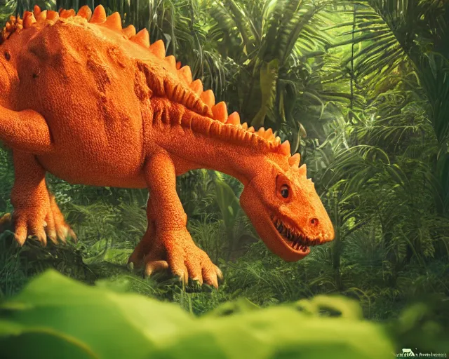 Image similar to cute orange carnotaurus in a prehistoric jungle, pixar, 8 k, octane render, cinematic