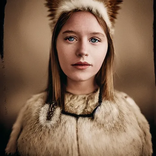 Prompt: symmetry!! portrait photograph of an extremely beautiful!!!! young blonde female with symmetric face. with a very detailed barn owl!!!!! on her shoulder. wearing traditional greenlandic national costume or kalaallisuut. in iceland. petzval lens. shallow depth of field. polaroid featured on flickr, art photography,