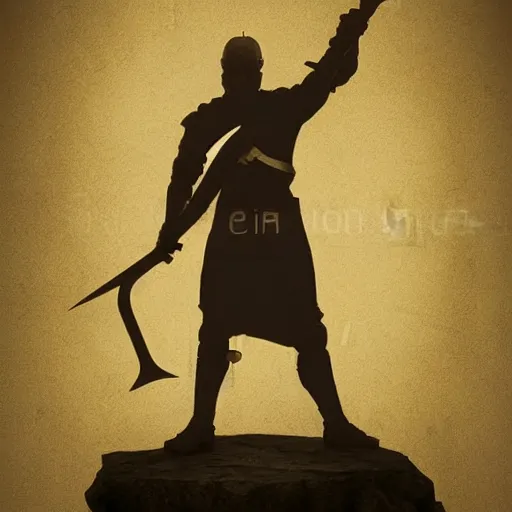 Image similar to a hero knight man stands with sword in hand and shield wielded, stencil, great lighting, epic, fantasy