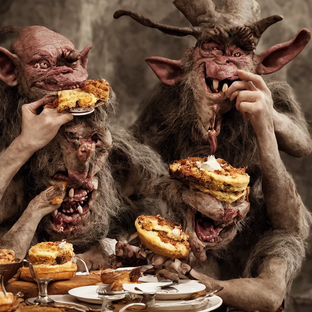 Image similar to closeup portrait of a medieval goblin eating cakes, depth of field, zeiss lens, detailed, symmetrical, centered, fashion photoshoot, by annie leibovitz and steve mccurry, david lazar, jimmy nelsson, breathtaking, 8 k resolution, extremely detailed, beautiful, establishing shot, artistic, hyperrealistic, beautiful face, octane render