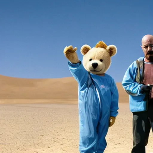 Image similar to Ted bear and walter white holding ziploc bags of crystal blue meth, in the desert, film still, 4k, photorealistic, hd