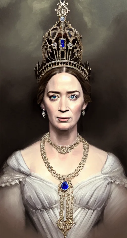 Image similar to portrait of emily blunt as queen victoria, jewelry, greek, sapphire, victorian age, 1 8 9 0, intricate, headshot, key visual, conceptart, ambient lighting, highly detailed, digital painting, artstation, concept art, sharp focus, by makoto shinkai and akihiko yoshida and greg manchess