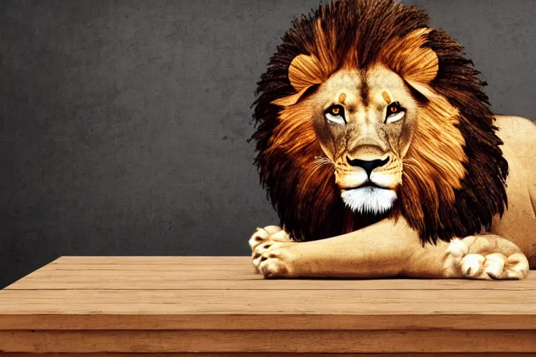 Prompt: Lion on a wooden table, cinematic, wide angle, concept art