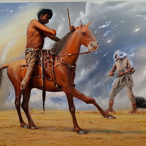 Prompt: portrait of head and body, single bangla farmer fighting, hand to hand combat with machete, full body view, long flowing hair, fighting for his life, nebula aura surrounding subject, horseback combat attacker foreground, islamic revolution, mongolian invasion of iraq, background of invading army, nestor canavarro hyperrealist art style, sharp brushstrokes