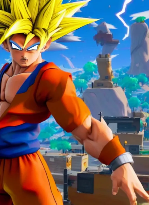 Image similar to game still of super sayan goku as a fortnite skin in fortnite.