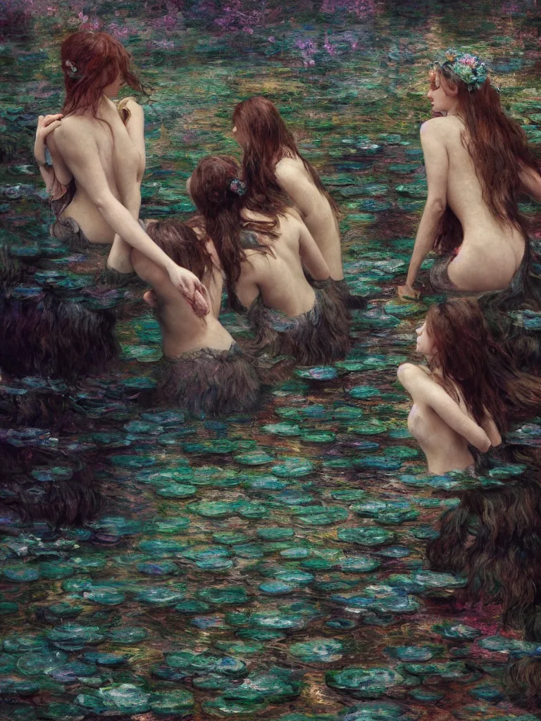 Image similar to illustration studio portrait of three dark beautiful mermaids female energy in artistic poses in the river at the forest, monet painterly motives and textures pattern, hyper detailed, octane render, vivid colors, artstation, by jeremy mann, by alphonse mucha, by monet