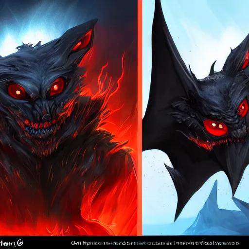 Image similar to front and back character view of scary, giant, mutant, mutated, dark blue humanoid bat, glowing red eyes, flying above a stormy ocean, sharp teeth, acid leaking from mouth, realistic, giant, bat ears, bat nose, bat claws, bat wings, furred, covered in soft fur, detailed, trending on artstation clean concept art and sheet that using unreal engine 5 render and hyper detailed 3D texture with cinematic software light 85mm f/1.4