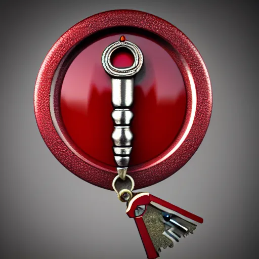 Image similar to a 3d game object of the metal key, very realistic, with large red diamond in it, it is very detailed, on the white background, rpg game inventory item