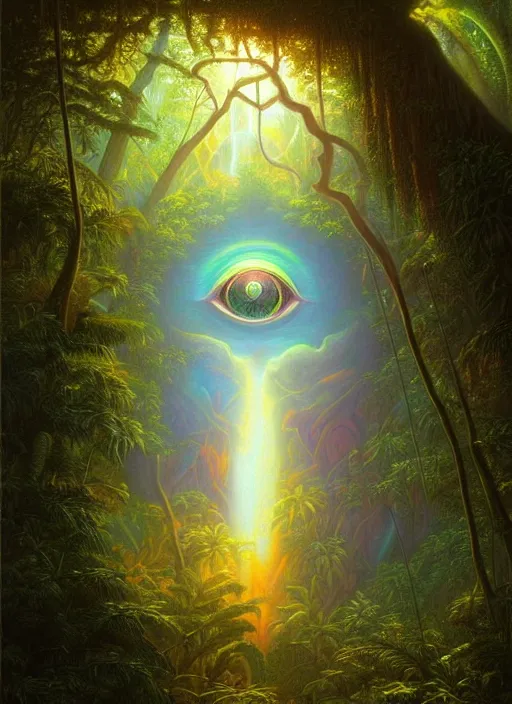 Image similar to a painting of a giant psychedelic eye in a jungle, god rays, beautiful colors, surrealism, visionary art, fractals, matte painting, by christophe vacher