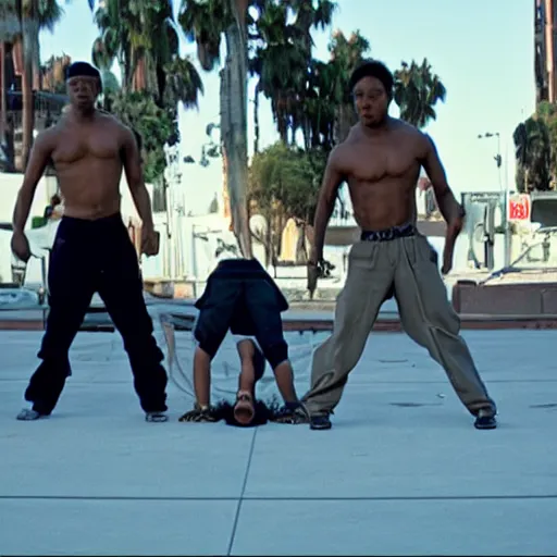 Image similar to Film still of Los Angeles Vice Squad (2012). Thug ninja break dance scene. Sigma 85mm f/8