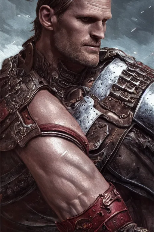 Image similar to ultra realistic illustration,, a hulking herculean alexander skarsgard with leather armour, from doom and warhammer, intricate, elegant, highly detailed, digital painting, artstation, concept art, smooth, sharp focus, illustration, art by artgerm and greg rutkowski and alphonse mucha