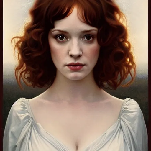 Prompt: symmetrical!! looking at the camera!!! a portrait of an angel young christina hendricks wearing a white silky dress, upper body, concept art, deep focus, sky, heaven, clouds, intricate, highly detailed, digital painting, artstation, matte, sharp focus, illustration, art by greg rutkowski and alphonse mucha