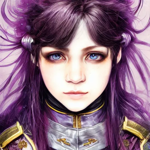 Image similar to portrait of a female halfling sorcerer by ayami kojima, she is about 2 0 years old, purple hair, leadership vibes, she is wearing a modern tactical gear, scifi, highly detailed portrait, digital painting, artstation, concept art, smooth, sharp foccus ilustration, artstation hq