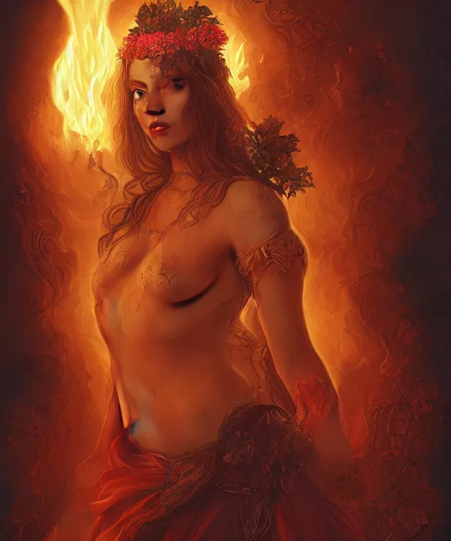 Prompt: tarot pele hawaiian fire goddess holding molten fire lava elemental in cauldera of volcano, wreath of anthuriums around her head and waist. | by charlie bowater and titian and artgerm | intricate, face, fantasy art | 8 k | intricate. lifelike. soft light. | highly detailed | cinematic lighting | featured on artstation