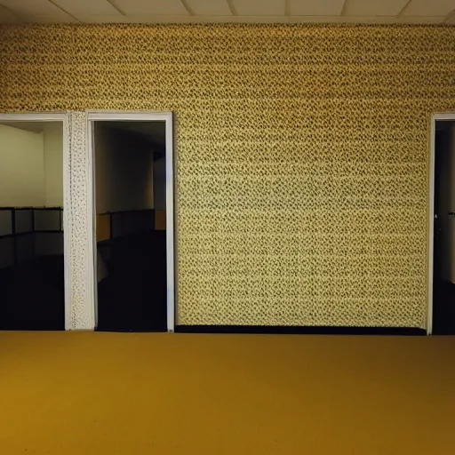 Prompt: low quality photo of the backrooms, mono - yellow old moist carpet randomly connected infinite empty office space yellow colors warm light ominous yellow wallpaper 9 0 s