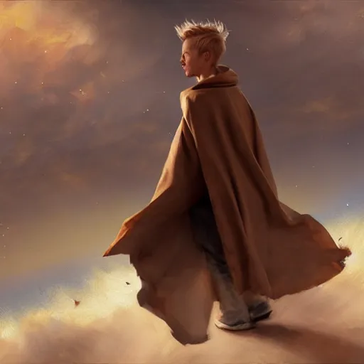 Prompt: blonde boy wearing a brown cape and flying in t pose, space background, realistic, oil painting, brush strokes, greg rutkowski