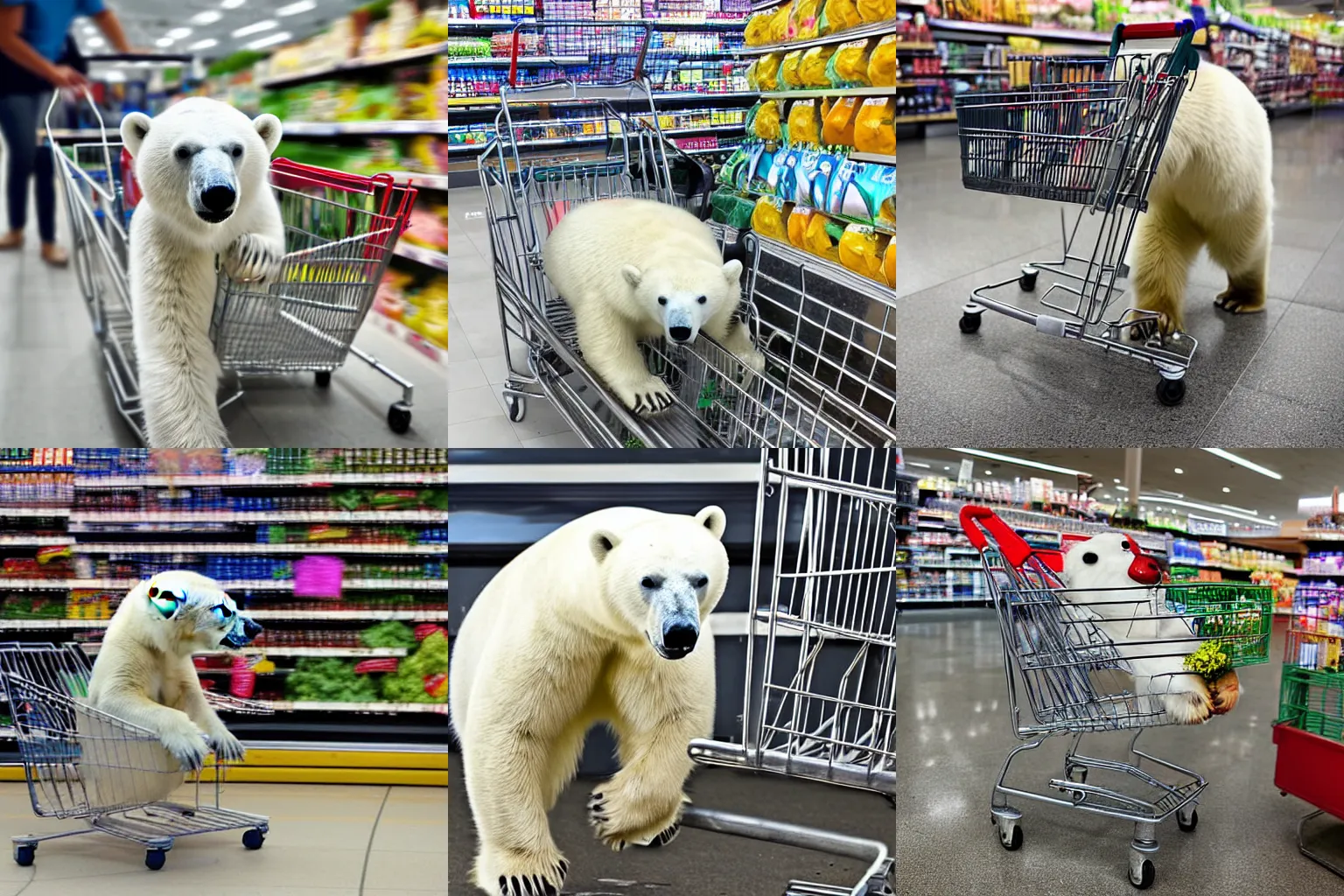 Prompt: a polar bear pushing a shopping cart in a grocery store, today's featured photograph 4K