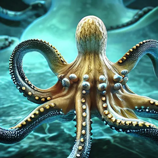 Image similar to realistic 3 d render of octopus with swirling detailed magical tentacles, holding illusions, in a fantastical ocean, octane render