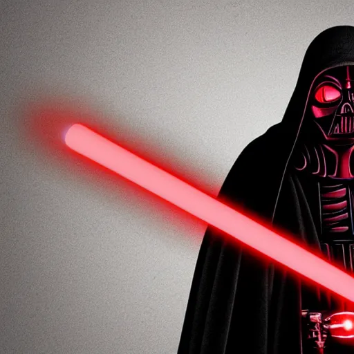 Image similar to a skeleton in a black cloak and with a red lightsaber