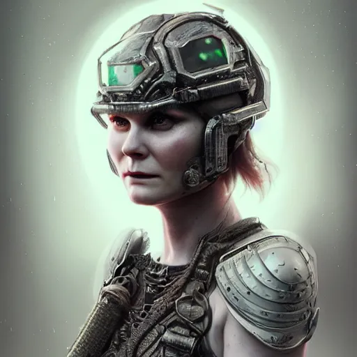 Image similar to kirsten dunst portrait, dystopia core, apocalyptic, armor, warrior, dramatic, sharp focus, fiction, neon, fantasy, hyper detailed, digital art, trending in artstation, cinematic lighting, studio quality, smooth render, unreal engine 5 rendered, octane rendered, art style and nixeu and wlop and krenz cushart