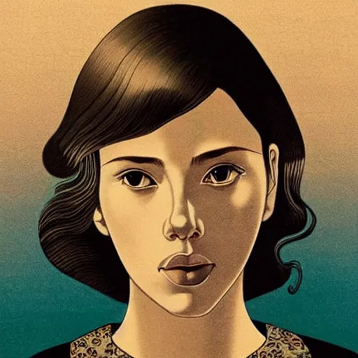 Image similar to “ scarlett johansson portrait by ikenaga yasunari and ayana otake and ko rakusui, 6 0 s poster, drawing, realistic, sharp focus, japanese, dreamy, nostalgia, faded, golden hues, floral clothes, porcelain skin ”