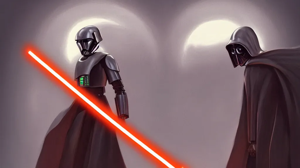 Prompt: A KX-Series security droid from star wars wearing a hooded cloak, he is wielding an orange lightsaber, dreamscape, dramatic lighting, fantasy art illustration, trending on artstation, Aetherpunk