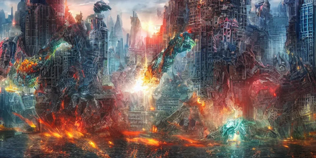 Image similar to destructive giant monsters in the city, photorealistic, highly detailed, sharp focus, vivid, colorful, symmetrical, random, convoluted, mind - blowing, creative, fully functional, end of the world, physics defying, amazing, cool