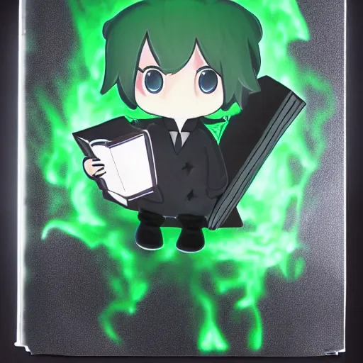 Image similar to cute fumo plush of a boy holding a large book of forbidden spellcasting, particle simulation, eerie glow, black and white with green lighting,