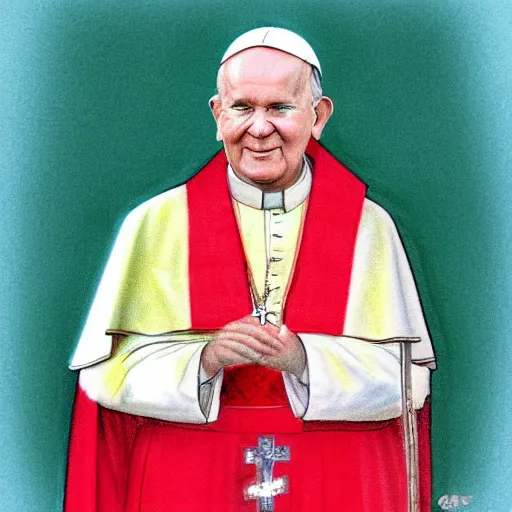 Prompt: colorful portrait of pope john paul ii wearing tiara in the style of sketched crayon