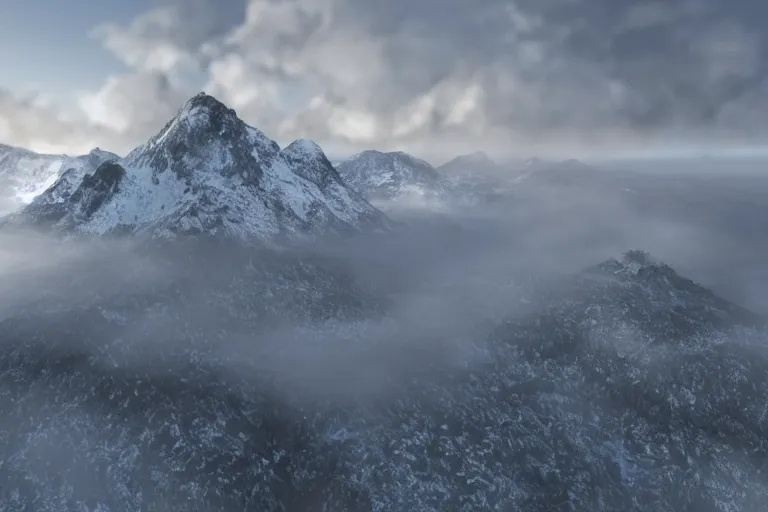 Image similar to taking from above, snowcapped mountain with lots of fog, high detail, photorealistic, good lighting, unbelievable.