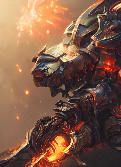 Prompt: a highly detailed illustration of cyber mechanical paladin with flaming plume, with arm blades, with light cracks throughout armor, dramatic charging pose, intricate, elegant, highly detailed, centered, digital painting, artstation, concept art, smooth, sharp focus, league of legends concept art, WLOP
