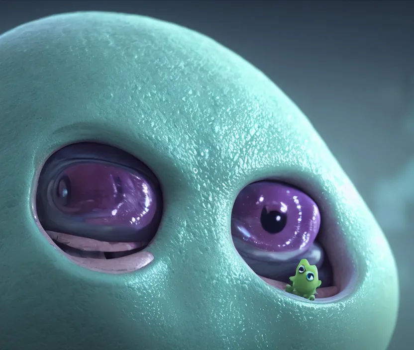 Prompt: cute lil slime blob character, close - up portrait, translucent slime body and many blinking eyes, 3 d pixar style, trending on arstation octane rendered in 8 k unreal engine 5, cinematic and dramatic, gloomy, mystic and magical, fantastic and whimsical by wayne barlowe, mike winkelmann, craig mullins