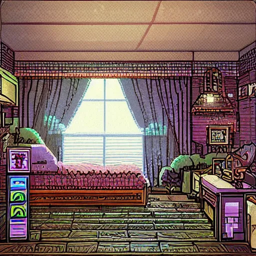 Prompt: view from corner looking into a 9 0 s bedroom, beautiful detailed pixel art, intricate details, beautiful, dithered gradients, volumetric lighting, 3 d illustration, old school computer game graphics, crpg, d & d, pixel art