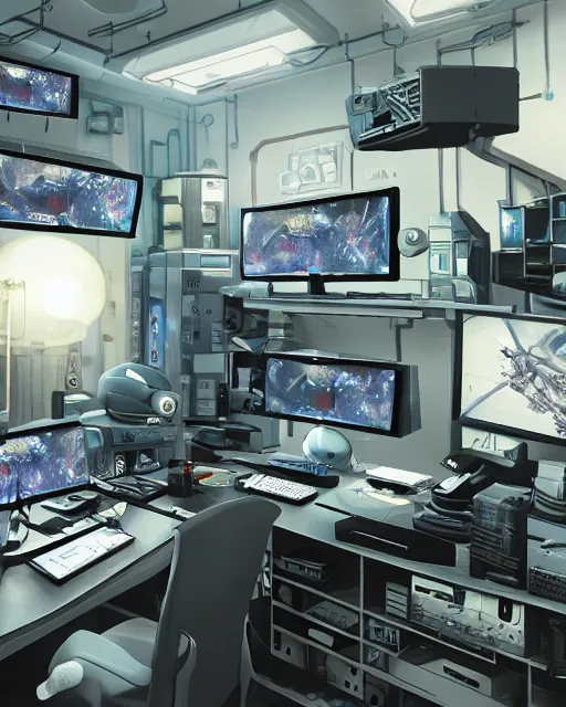 Image similar to scifi scene of a complex computer workstation in a small studio apartment room, many monitors, many electronics, very detailed, maximalism, unreal engine, hyper realism, realistic shading, cinematic composition, realistic render, octane render, detailed textures, photorealistic, by doug chiang, wide shot