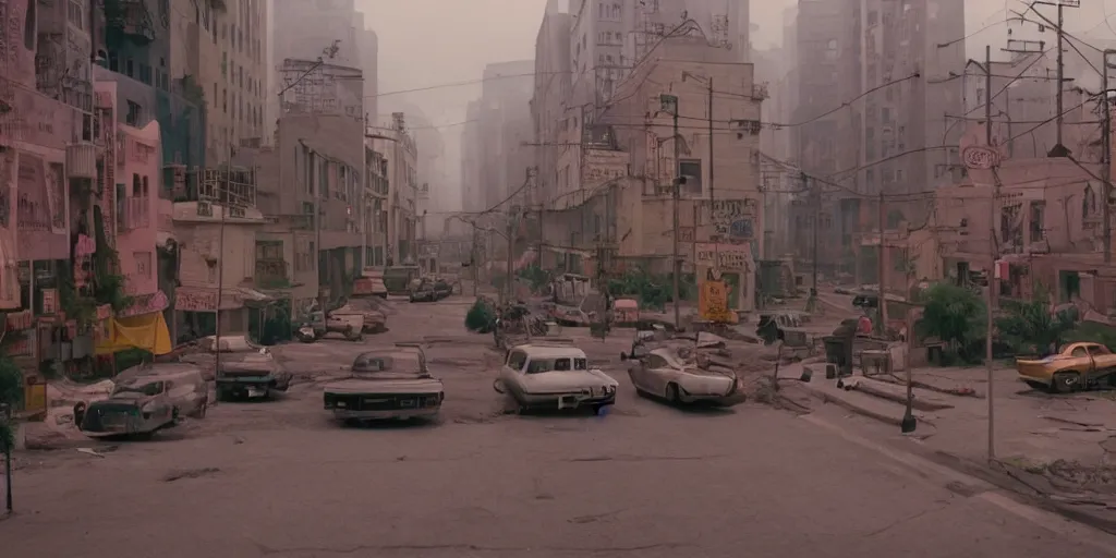 Prompt: a cinematic movie shot of a cheerful and whimsical post-apocalyptic city street by Wes Anderson