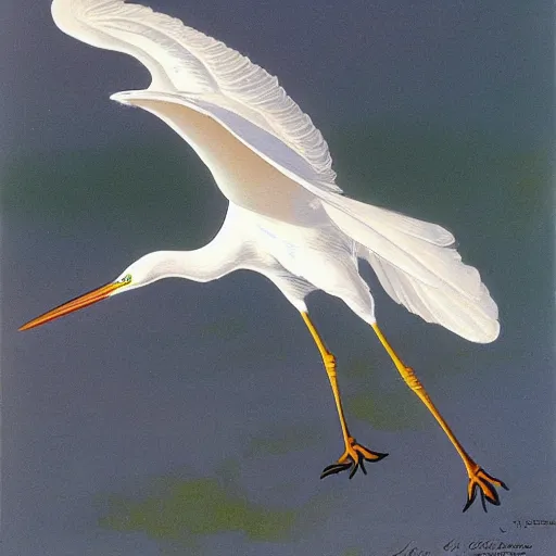 Prompt: a very very graceful flying egret, by john-audubon