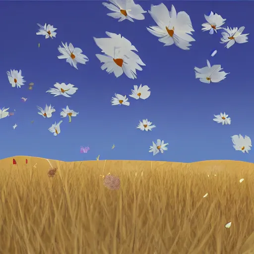 Prompt: a sandy desert landscape with a few flower petals floating in the wind, digital art