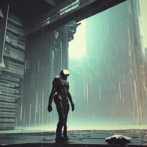 Image similar to cyberpunk statue, rain, space, galaxy, octane render, hyperrealism