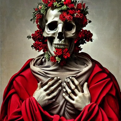 Prompt: a man in the form of a Greek sculpture with a mask in the form of a skull and wreath of flowers skulls in hands dressed in a biomechanical dress, red white and gold color scheme, baroque, by Michelangelo, trending on artstaion