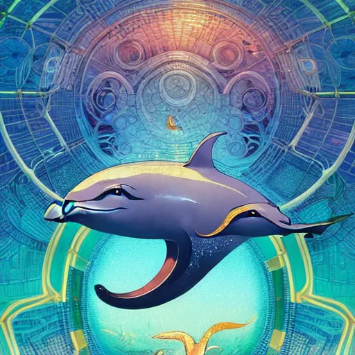 Image similar to a beautiful hyperdetailed character design 4 k wallpaper illustration of a cute dolphin, city by the sea, victo ngai cyberpunk style, from china, style of studio ghibli, makoto shinkai, raphael lacoste, louis comfort tiffany, artgerm, james jean, ross tran, chinese style